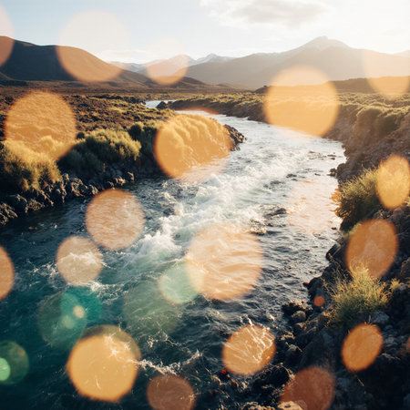 Beautiful view of the river and mountains in Iceland. Toned.の素材