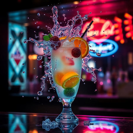 Fruit cocktail with splash and ice cubes on the bar counter.の素材