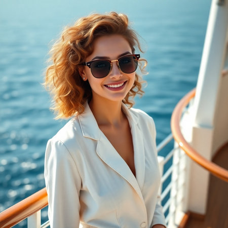 fashion outdoor photo of beautiful woman with blond hair in elegant clothes and sunglasses posing on yachtの素材