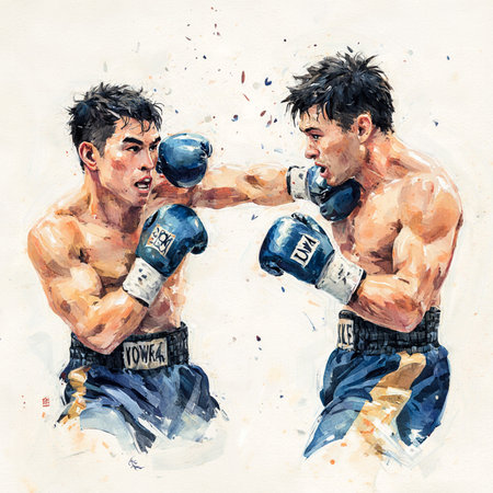 Watercolor illustration of two young male boxers fighting in the ring.の素材