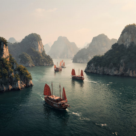 Tourist boats sailing in Halong bay, Vietnamの素材