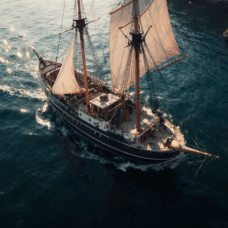 Aerial view of a tall ship in the sea. Toned.の素材
