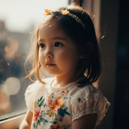 Portrait of a little girl in a dress on the windowsillの素材