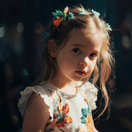 portrait of a little girl in a floral dress on a dark backgroundの素材