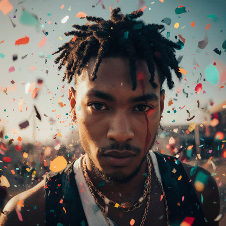 Portrait of a black man with dreadlocks on the background of confettiの素材