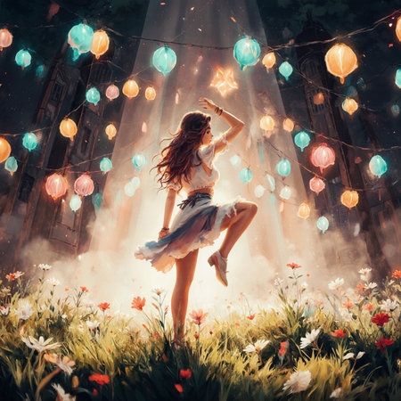 Beautiful young woman dancing on the grass with colorful lanterns.の素材