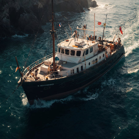 Aerial view of a commercial fishing trawler sailing in the seaの素材