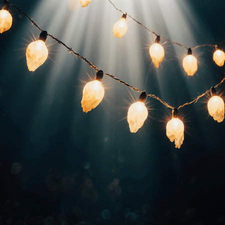 Christmas garland lights on dark background. Vintage style toned pictureの素材