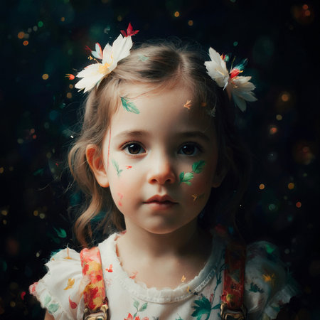 Portrait of cute little girl with flowers in her hair on dark backgroundの素材