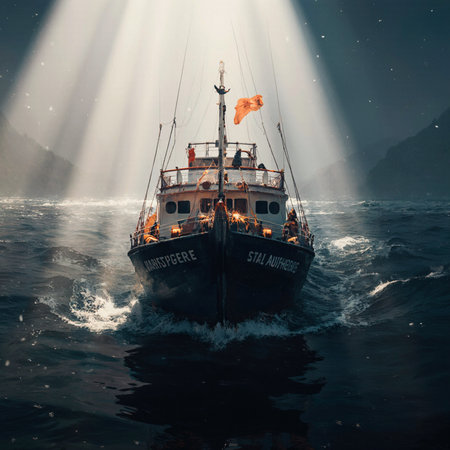 Fishing boat in the sea at night with rays of light.の素材