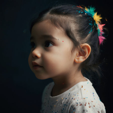 Portrait of a little girl with colorful hair on a black backgroundの素材