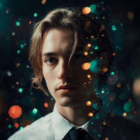 Portrait of a handsome young man on a dark background with lightsの素材