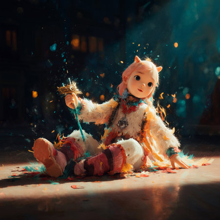 Halloween doll with a burning candle in the old city at nightの素材