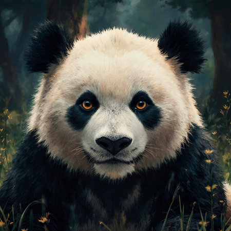 Portrait of a giant panda in the forest. Digital painting.の素材
