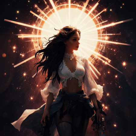 Beautiful brunette woman in steampunk costume with big sun on backgroundの素材
