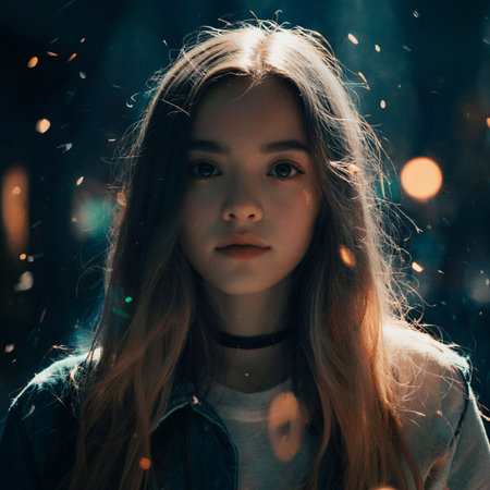 portrait of a beautiful girl with long hair in the city at nightの素材