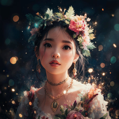 Portrait of a beautiful Asian girl in a wreath of flowersの素材