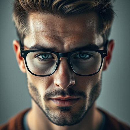 Close-up portrait of a handsome young man in glasses. Men's beauty, fashion. Optics.の素材