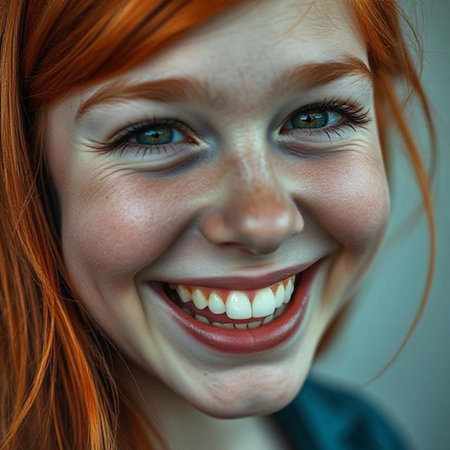 Close-up portrait of beautiful red-haired girl with frecklesの素材