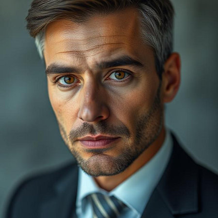 Close up portrait of a passive businessman looking at the camera.の素材