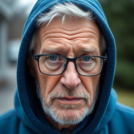 Portrait of senior man with gray beard and eyeglasses wearing blue hoodieの素材