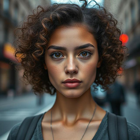 Fashionable african american woman with curly hairstyle in the cityの素材
