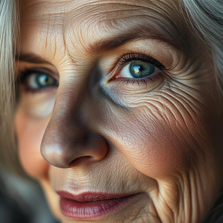 Close up portrait of beautiful senior woman with green eyes looking at cameraの素材