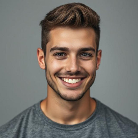 Portrait of a happy young man smiling at the camera over gray backgroundの素材