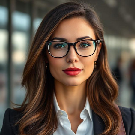 Close-up portrait of a beautiful young business woman in glasses.の素材