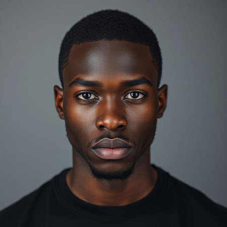 Portrait of a young African American man looking at camera over gray backgroundの素材