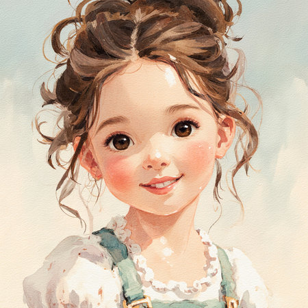Watercolor portrait of a little girl with a beautiful hairstyle.の素材
