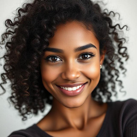 Close up portrait of a beautiful young African American woman smilingの素材