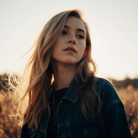 Beautiful young woman with long blond hair and blue jeans jacket in field at sunsetの素材
