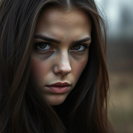 Portrait of a beautiful girl with long brown hair and blue eyesの素材