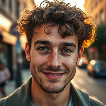 Portrait of a young man with curly hair in the city.の素材