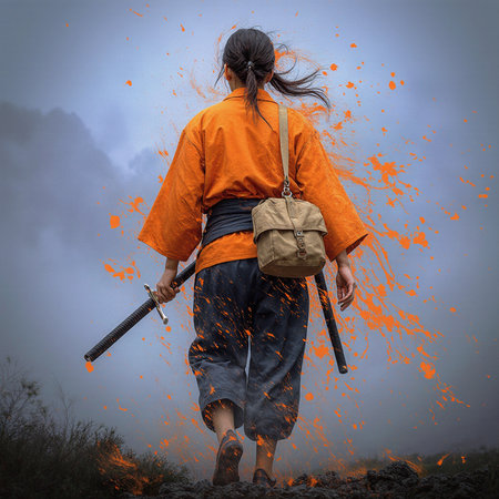 Woman warrior with a sword and a helmet in the ruins of the cityの素材