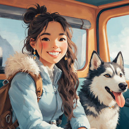 Portrait of a beautiful girl with her dog in a bus.の素材