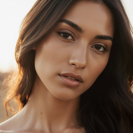 Close up portrait of a beautiful young brunette woman looking at cameraの素材