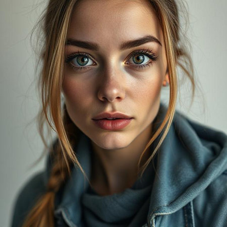 Portrait of a beautiful girl in a blue sweater and jeans jacketの素材