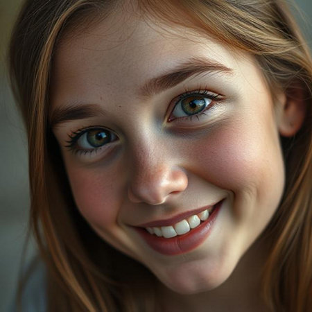 Portrait of a beautiful smiling girl with green eyes. Close-up.の素材