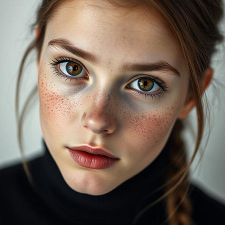 Close up portrait of beautiful girl with freckles on her faceの素材