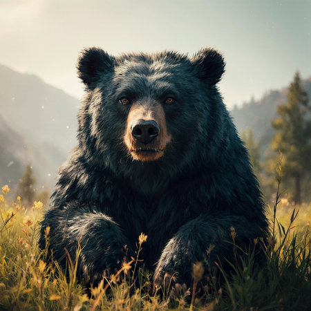 Black bear sitting in the grass in the mountains. Wildlife scene.の素材