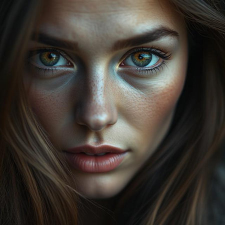 Closeup portrait of a beautiful young woman with green eyes and brown hairの素材