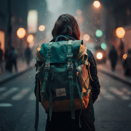 Back view of young woman with backpack walking on the street in the rainの素材