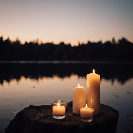 Burning candles on a log in front of a lake at sunsetの素材