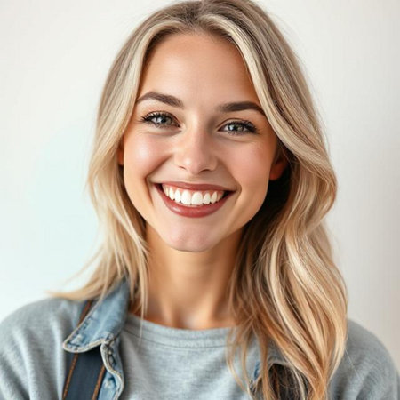 Portrait of beautiful young woman standing against white wall, smiling.の素材