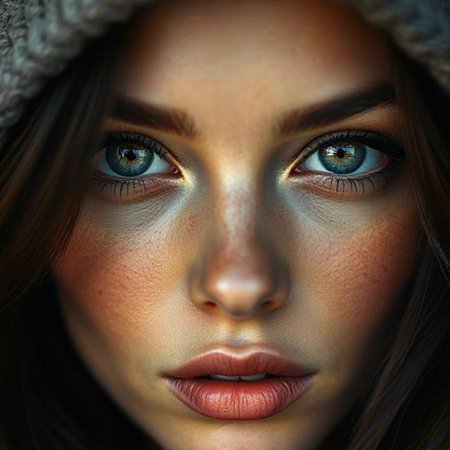 Closeup portrait of a beautiful young woman with blue eyes. Beauty, fashion.の素材