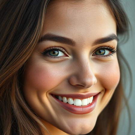 Close up portrait of a smiling young woman with long brown hair.の素材