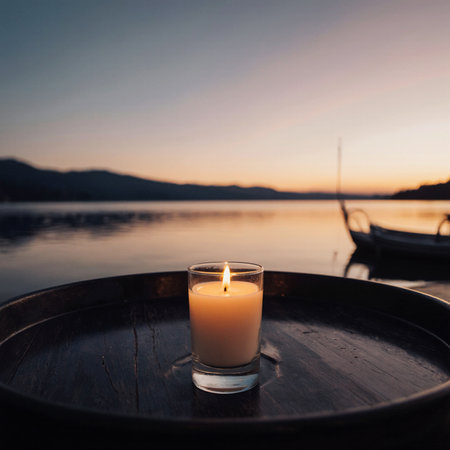 Candle on a wooden table in front of a lake at sunsetの素材