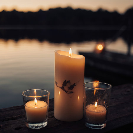 Burning candles on a wooden pier on a lake in the eveningの素材